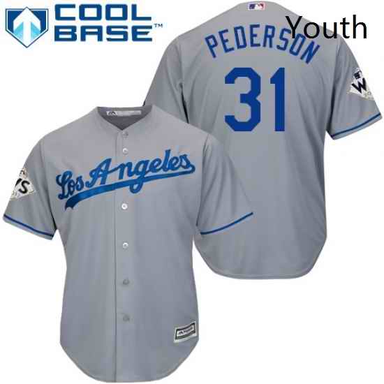 Youth Majestic Los Angeles Dodgers 31 Joc Pederson Authentic Grey Road 2017 World Series Bound Cool Base MLB Jersey